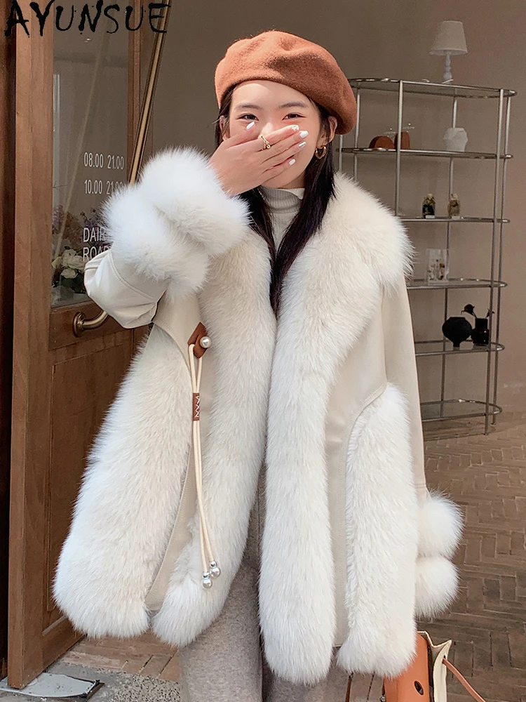 AYUNSUE 2025 새로운 여우 모피 자켓 여성 정품 양피 퍼퍼 자켓 여성 의류 두꺼운 따뜻한 가죽 자켓 Abrigo Mujer