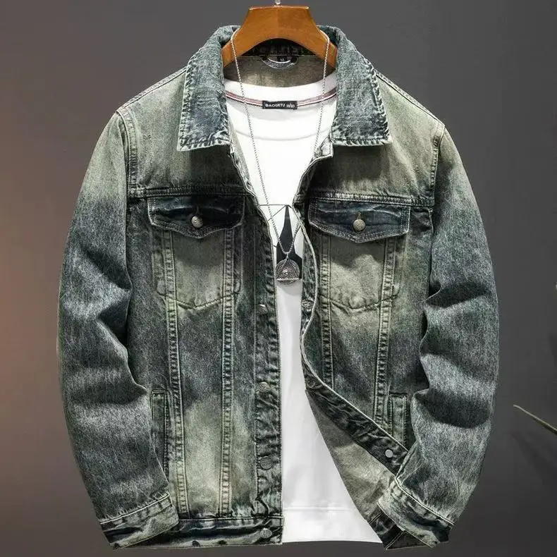 

Мужская джинсовая куртка в стиле ретро, свободного кроя, повседневная, весна-осень, с откидным воротником, из джинсовой ткани, молодежный тренд