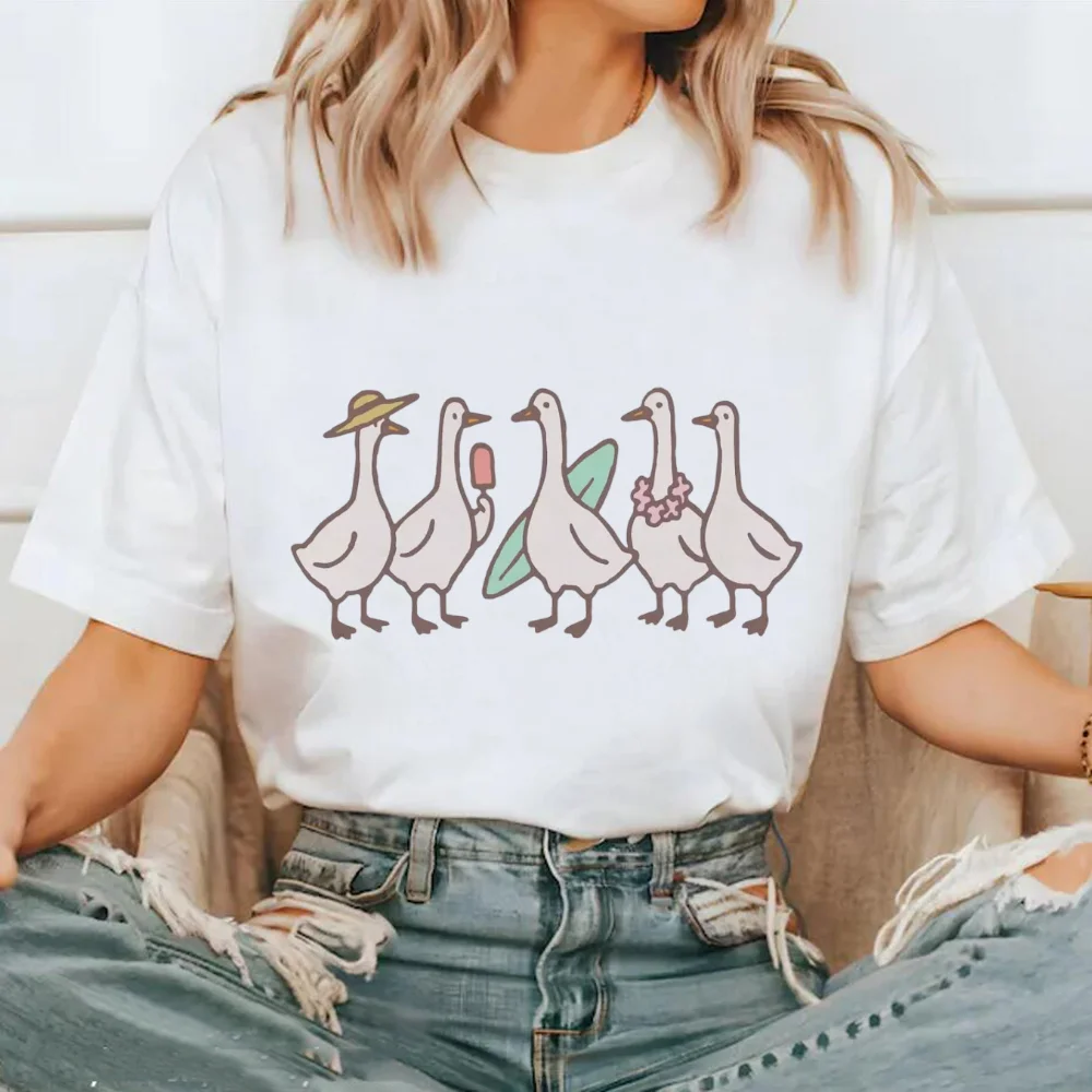 

Holiday Goose Printed Pattern Women's Fun Cartoon Top T-Shirt Casual 90s O-Neck Women's Printed Cute Trendy White T-Shirt