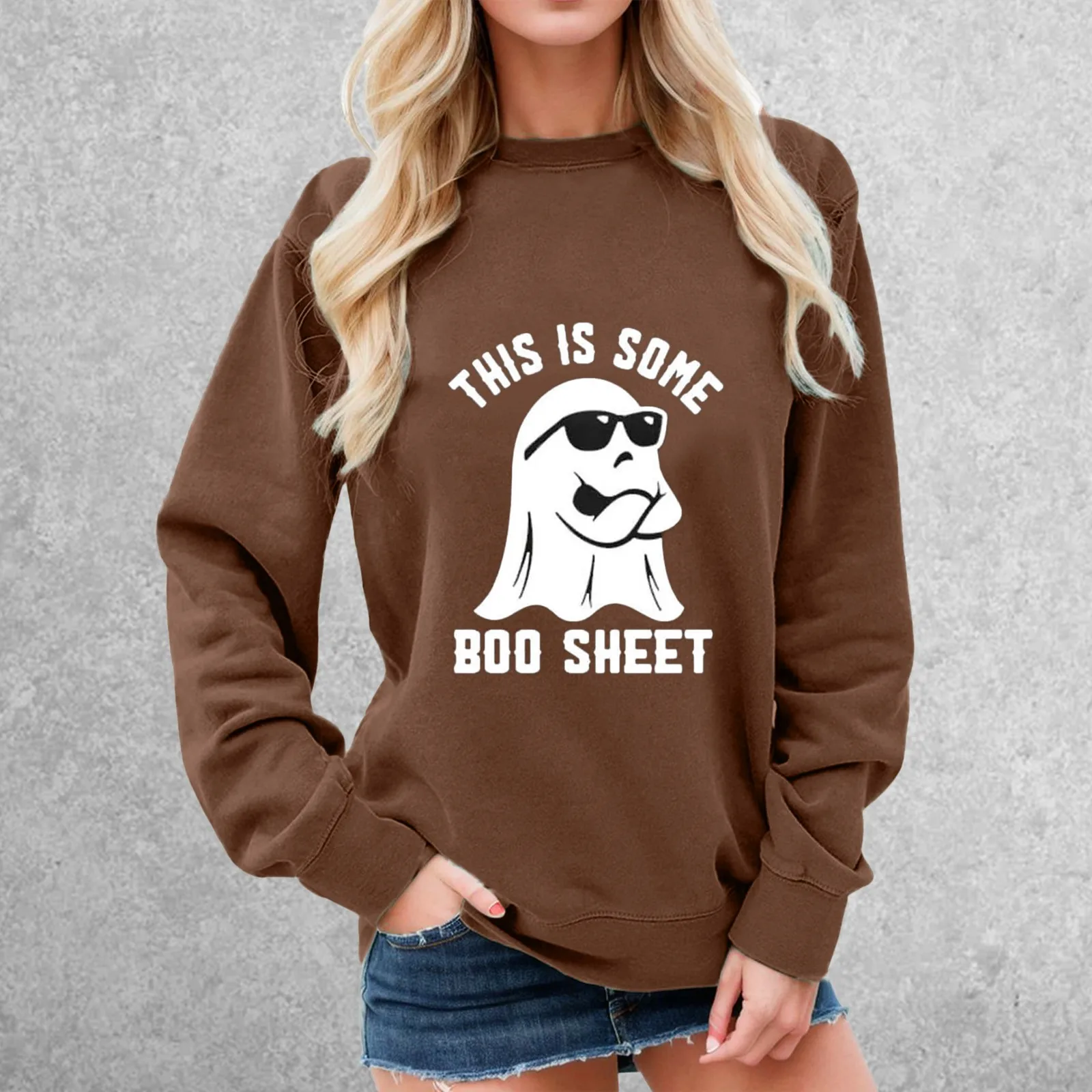 هذا هو بعض بوو ورقة هالوين Crewneck الجرافيك البلوز ، رسالة عادية طباعة طويلة الأكمام العلوي ، البلوفرات بلوزات الموضة