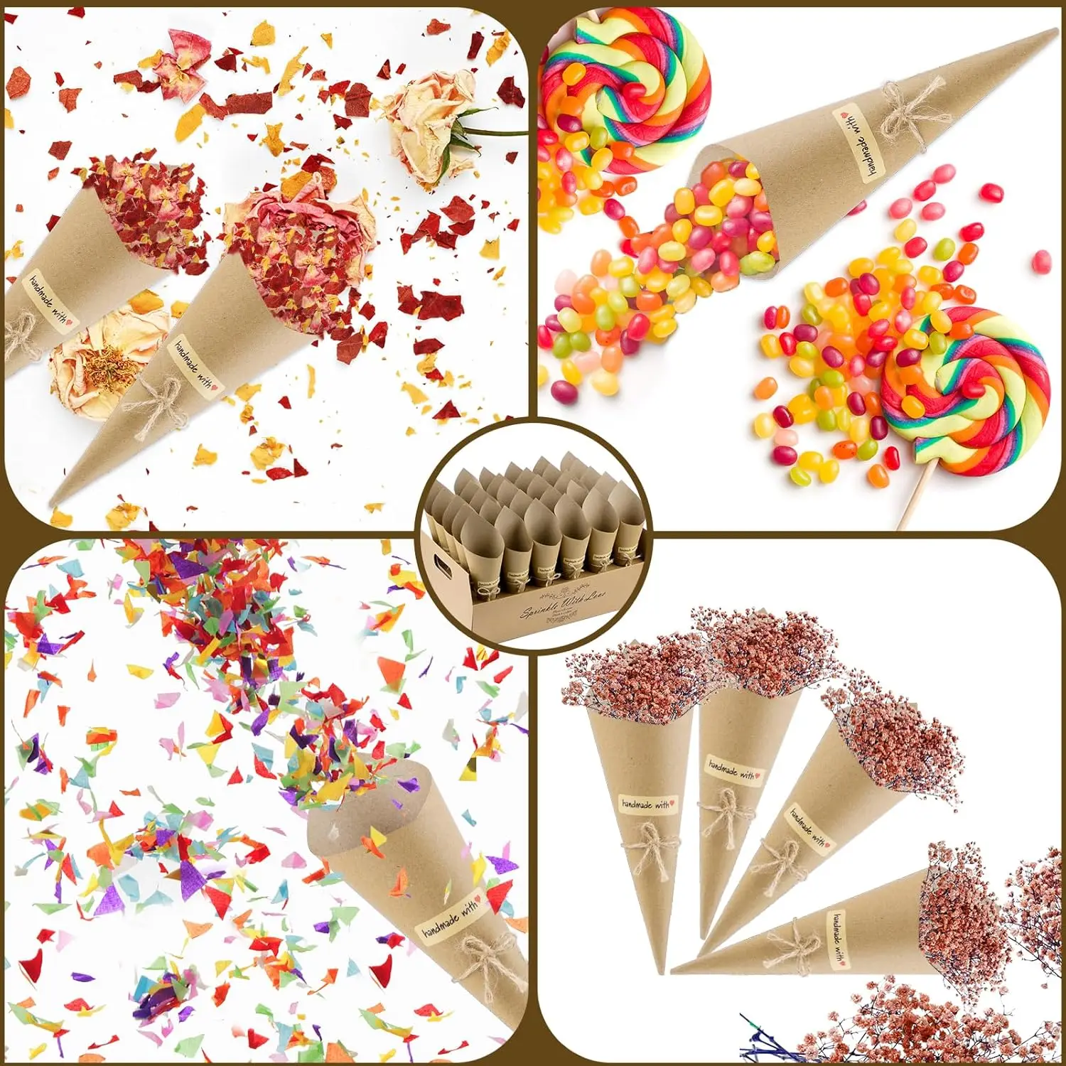 SET 60 Pcs Cornet Confettis Mariage, Cônes Confettis Mariage avec Porte-Confetti à Cônes Portable, Confettis Mariage