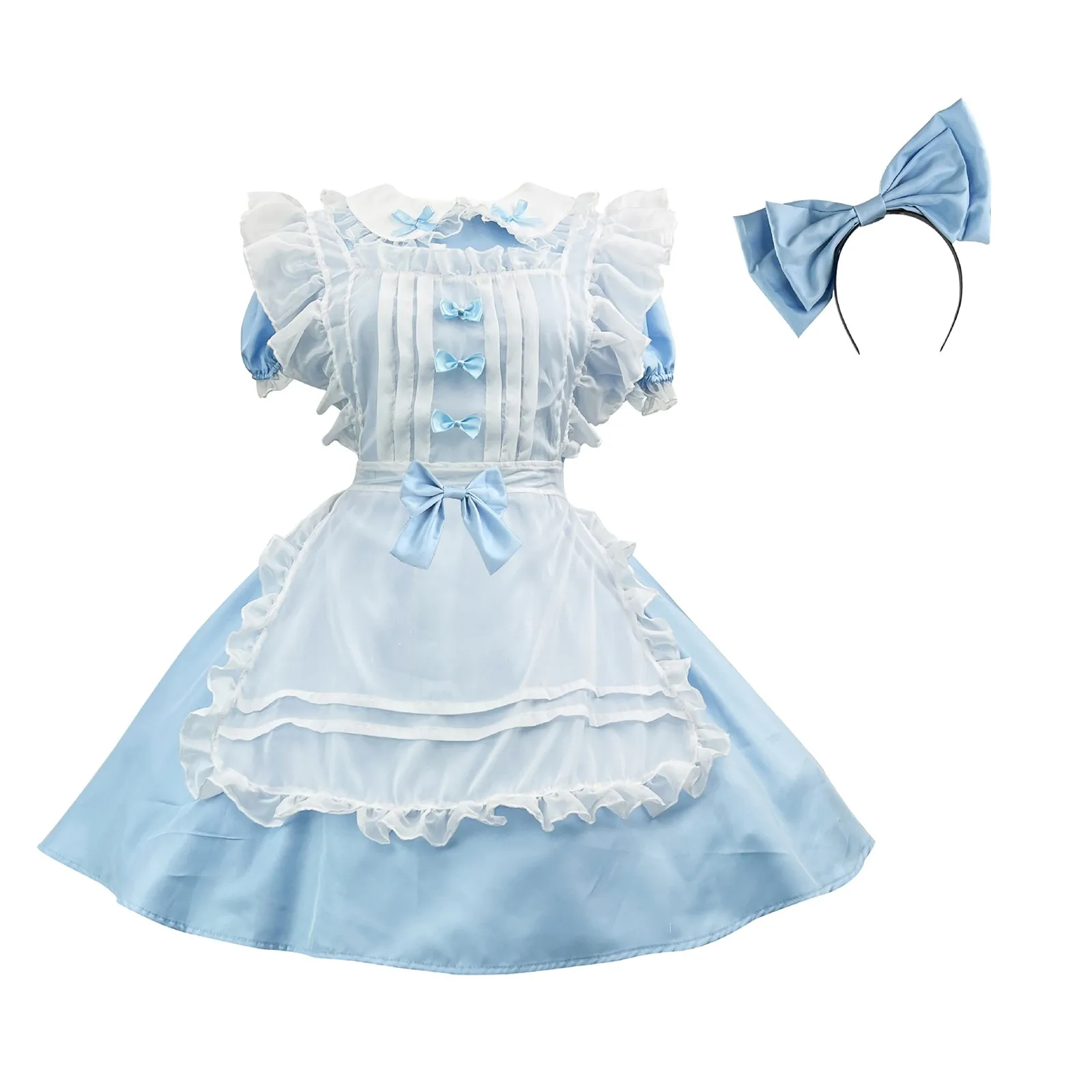 Anime Women's Bow Lolita Light Blue Dress Cosplay Dress Cute Princess French Maid Apron Blue Dress Drama Performance Set