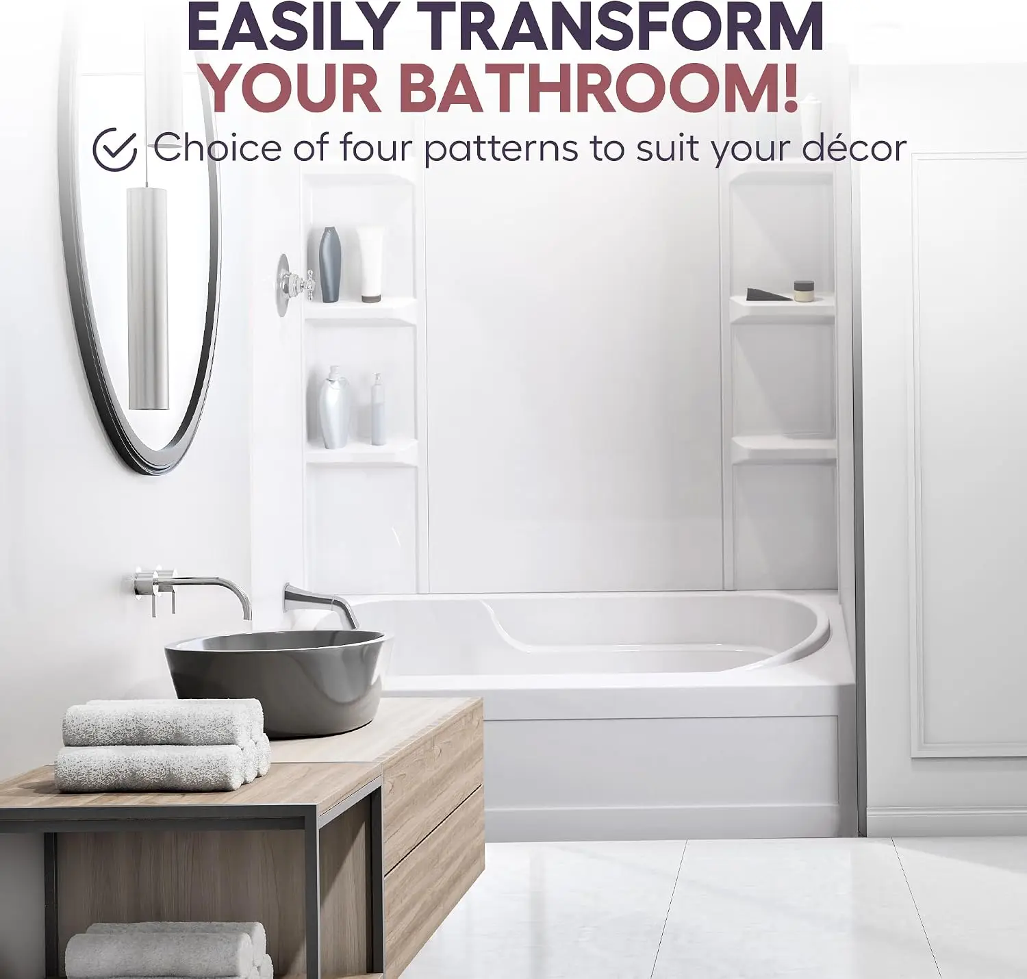 Lightweight Polystyrene Tub Wall Surround D32 x W60 x H58 - Plain Pattern | Waterproof, Easy-to-Install, Includes Two Shelf Unit