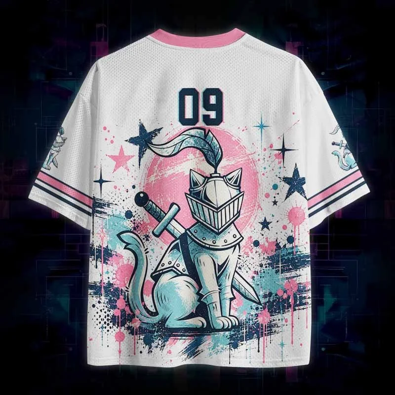 Men Women Knight Cat Graffiti V Neck Jersey Short Sleeve Oversized Streetwear Casual Mesh Sport Shirt Fantasy Splash Paint Top