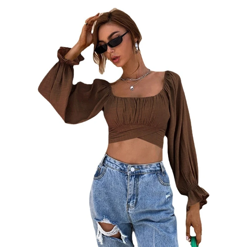 الربيع والصيف 2025 مثير مزاجه حزام سليم ساحة طوق قصيرة جدا بأكمام طويلة قميص للسيدات تي شيرت الإناث