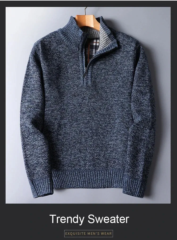 Herbst Winter männer Gepolsterte Pullover Mock Neck Halb Zipper Warme Verdickt Einfarbig Casual Pullover Männlichen Mode Strickwaren – Detail 2