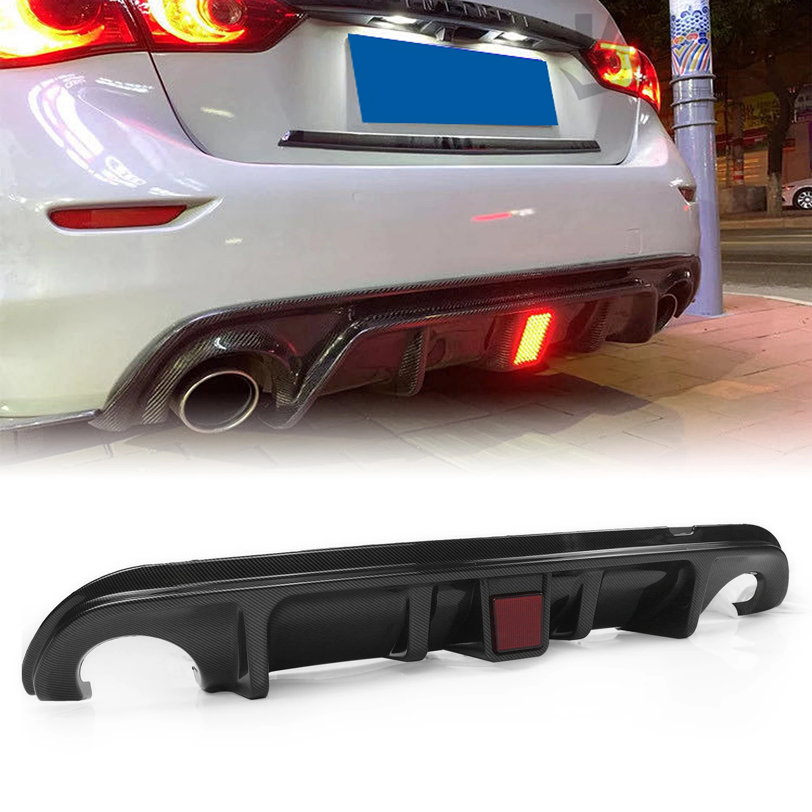 

For Infiniti Q50 2014 2015 2016 2017 Rear Bumper Diffuser Lip ABS Carbon Fiber Look/Gloss Black Boot Splitter Spoiler With Lamp