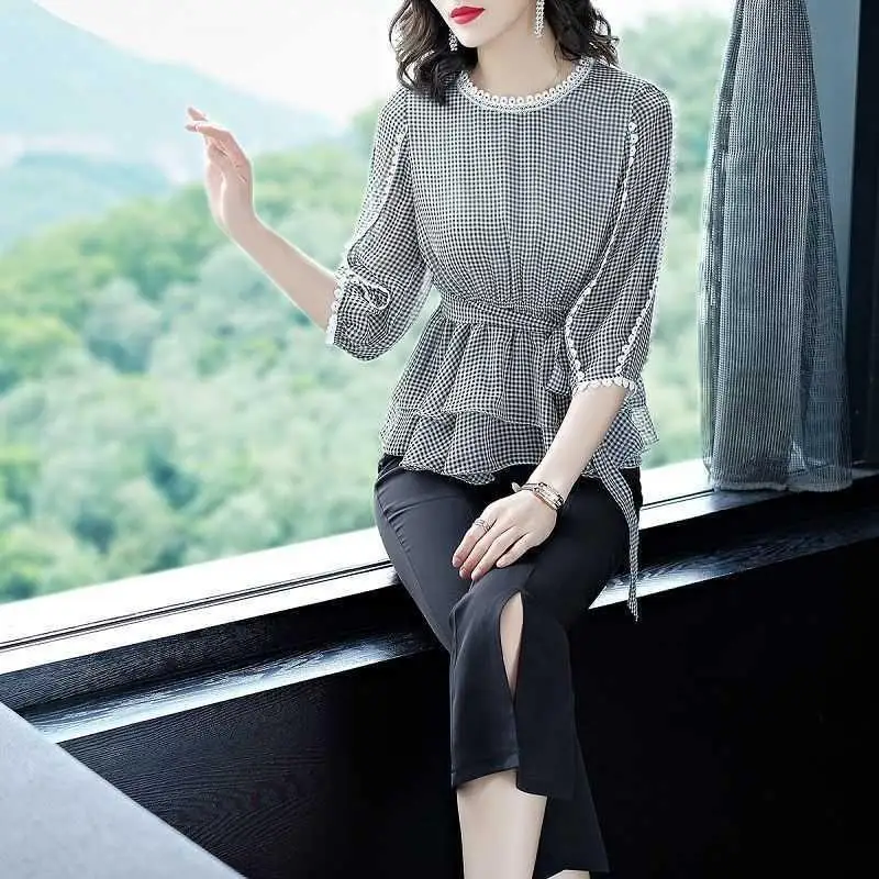 Spring Summer Ruffle Plaid Lacing Shirt Tops 3/4 Sleeve O-Neck Loose All-match Plus Size Blouse Fashion Elegant Women Clothes