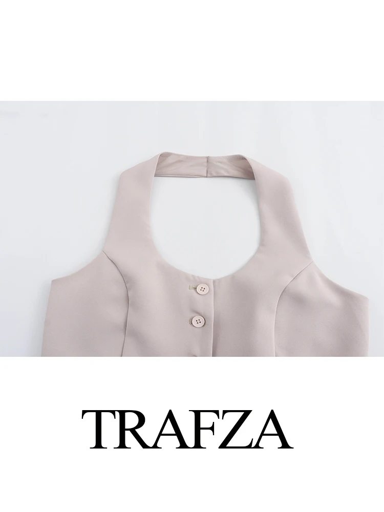 TRAFZA 2024 Summer Women Solid Vest Pant Set Female Single Breasted Halter Cropped Vests Top+High Waist Patchwork Trouser Suit