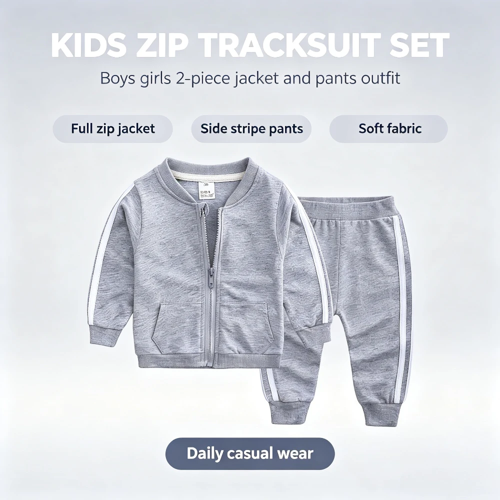 Baby 2 Piece Tracksuit Set 3-24 Months Full Zip Jacket Pants Soft Cotton White Side Stripes Toddler Boys Girls Sports Outfit