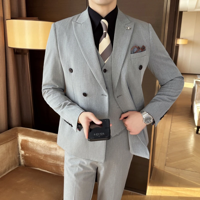 (Jackets+Vest+Pants) Men\'s Business Double-Breasted Suits Male Slim Fit Solid Color Groom\'s Wedding Dress Man Fashion Tuxedo 7XL