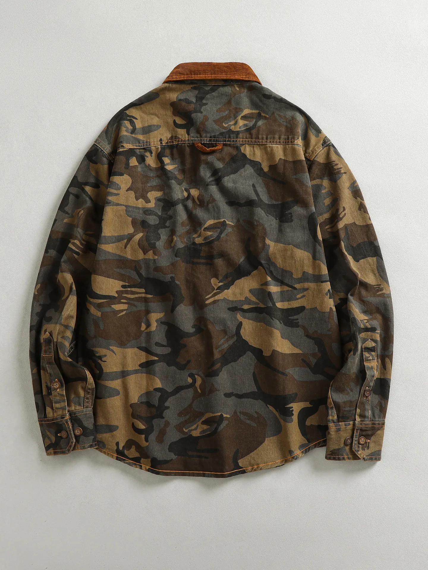 Spring New American Retro Heavyweight Lapel Contrast Color Camouflage Cargo Shirt Men's 100% Cotton Fashion Washed Casual Blouse