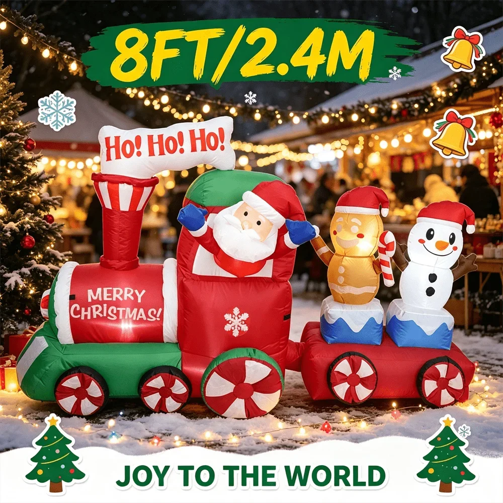 8FT/2.4M Christmas Train Inflatable Model Toy Santa Gingerbread Snowman with LED Light Blow Up Yard Outdoor Ornament