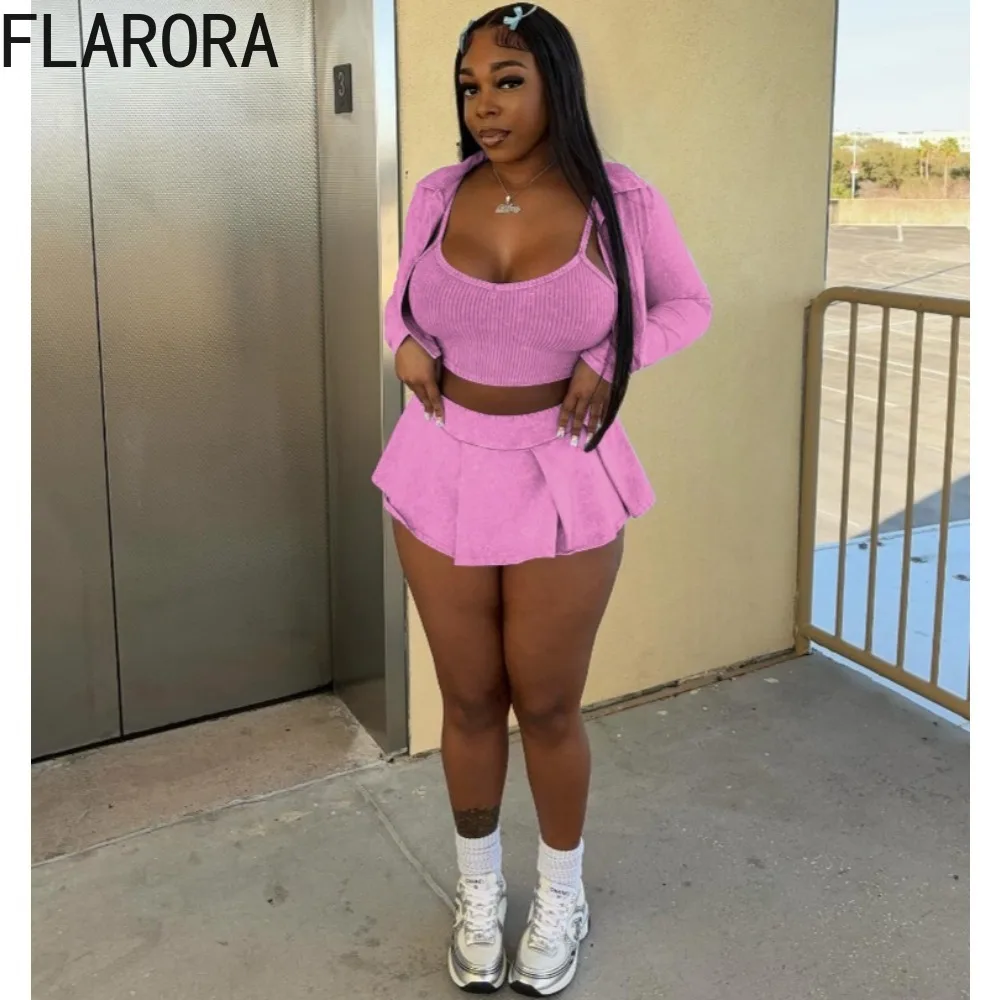 FLARORA Fashion Street Ribber Skirts Three Piece Set Woman Long Sleeve Crop Jackets And Vest+Pleated Mini Skirt Outfits 2025 New