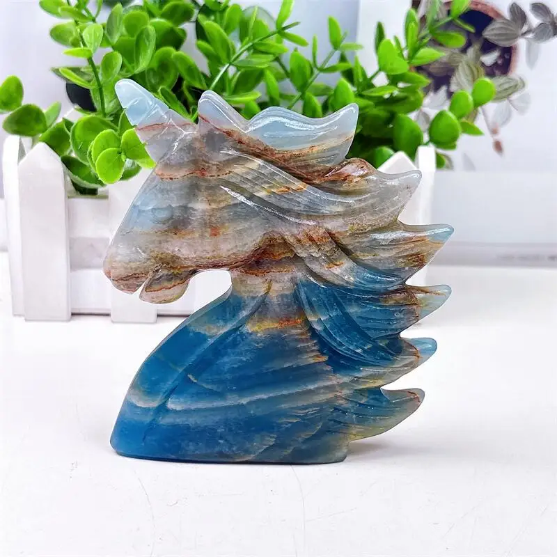 

Natural Blue Onyx Unicorn Carving Powerful Animal Healing Office Desktop Furniture Home Decoration 1pcs