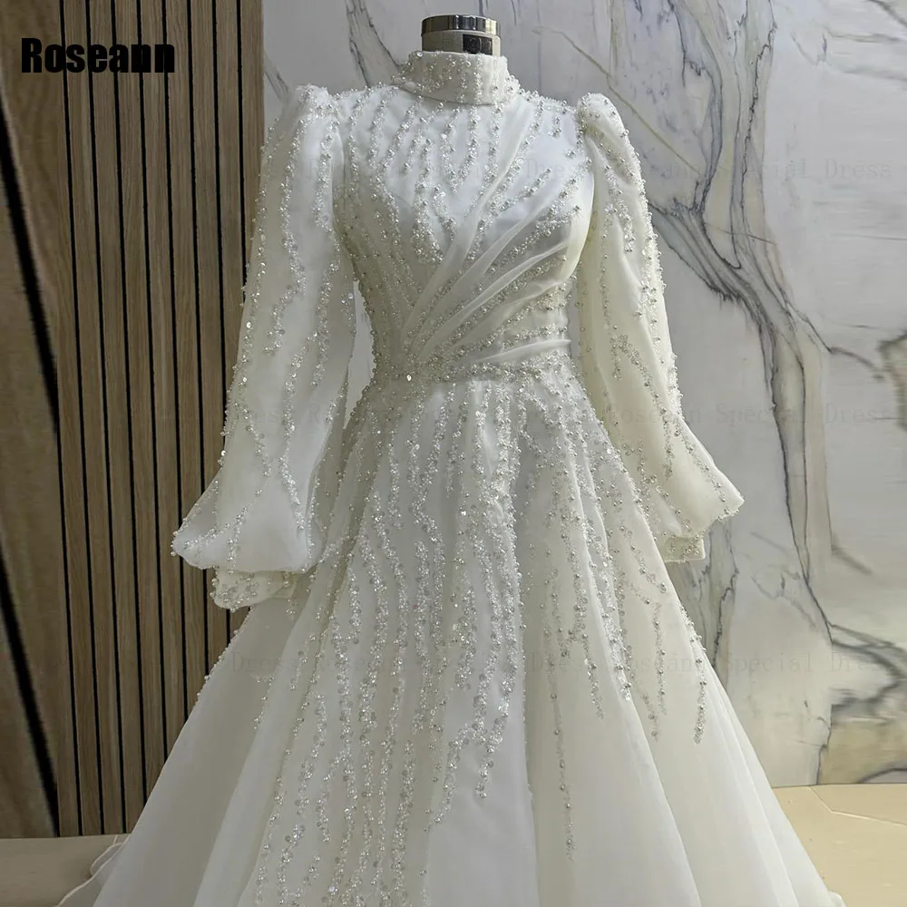 Personalizado muçulmano moda a linha vestidos de casamento drapeado plissado paillette pérolas plissado escova trem vestido de noiva robe de mariée