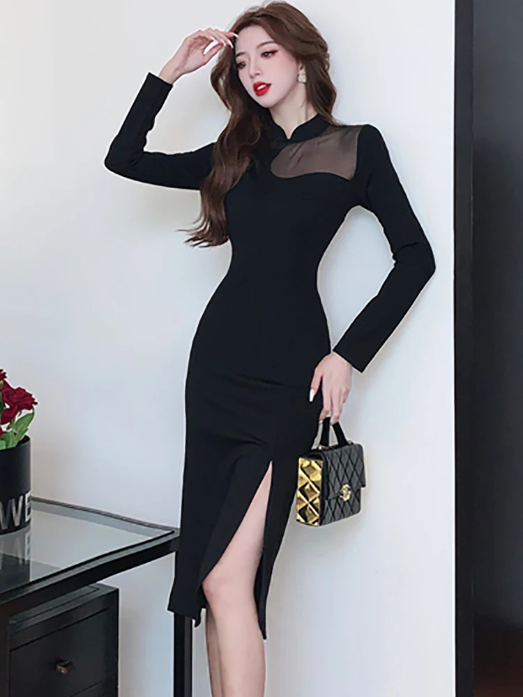 2024 Black Patchwork Mesh Sheer Sexy Slit Long Dress Women Korean Vintage Hepburn Dress Autumn Winter Elegant Festival Vestidos