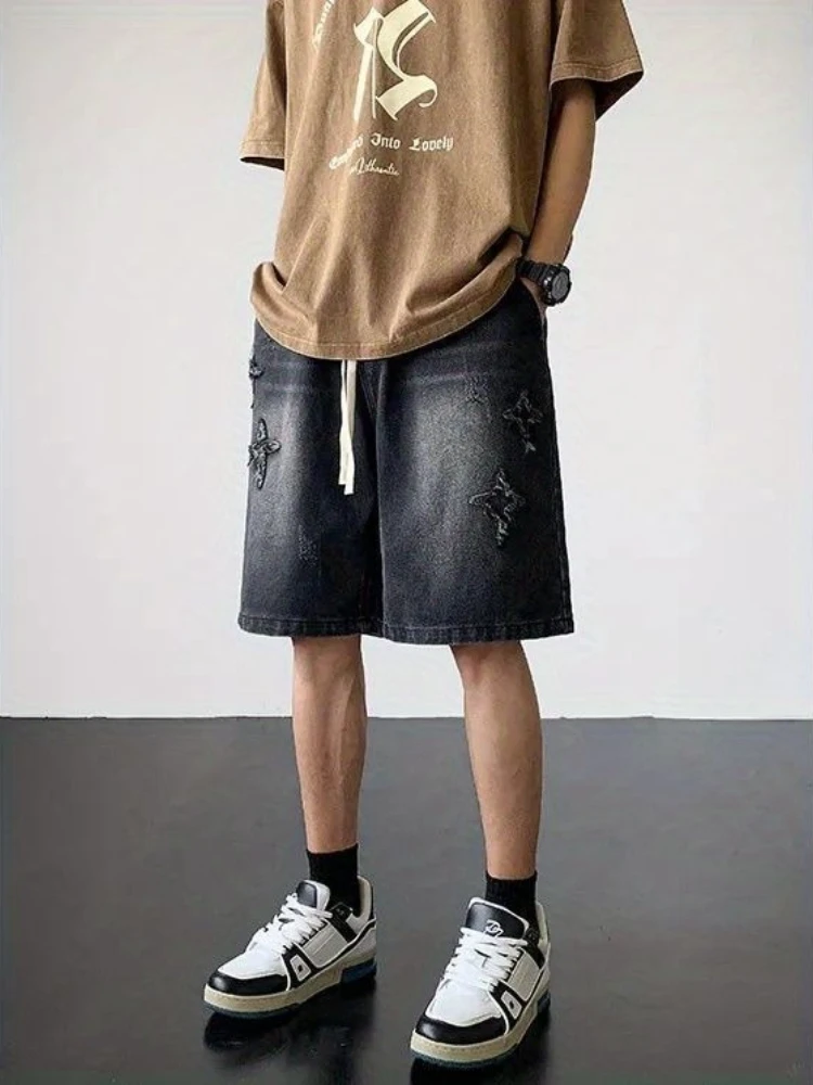 

Men's Embroidered Denim Shorts Summer Loose Fit Elastic Waist Above Knee Length Casual Streetwear Baggy Jean Shorts