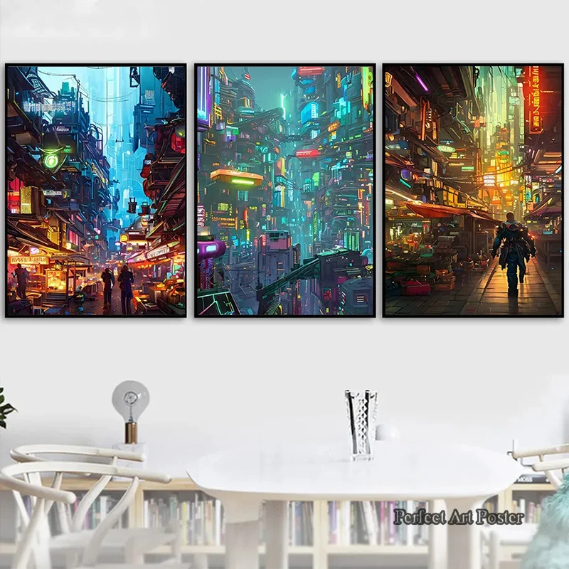 Neon Cyberpunk Future City Street Canvas Poster Aesthetics Anime Hot Classic Car Art Living Room Wall Decoration Picture NO LED