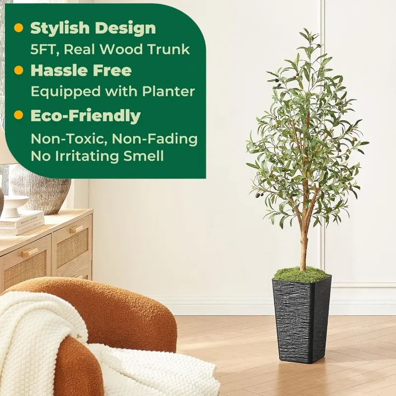 Olive Trees Artificial Indoor, Tall Faux Olive Tree with Black Tall Taper Planter, Artificial Plants