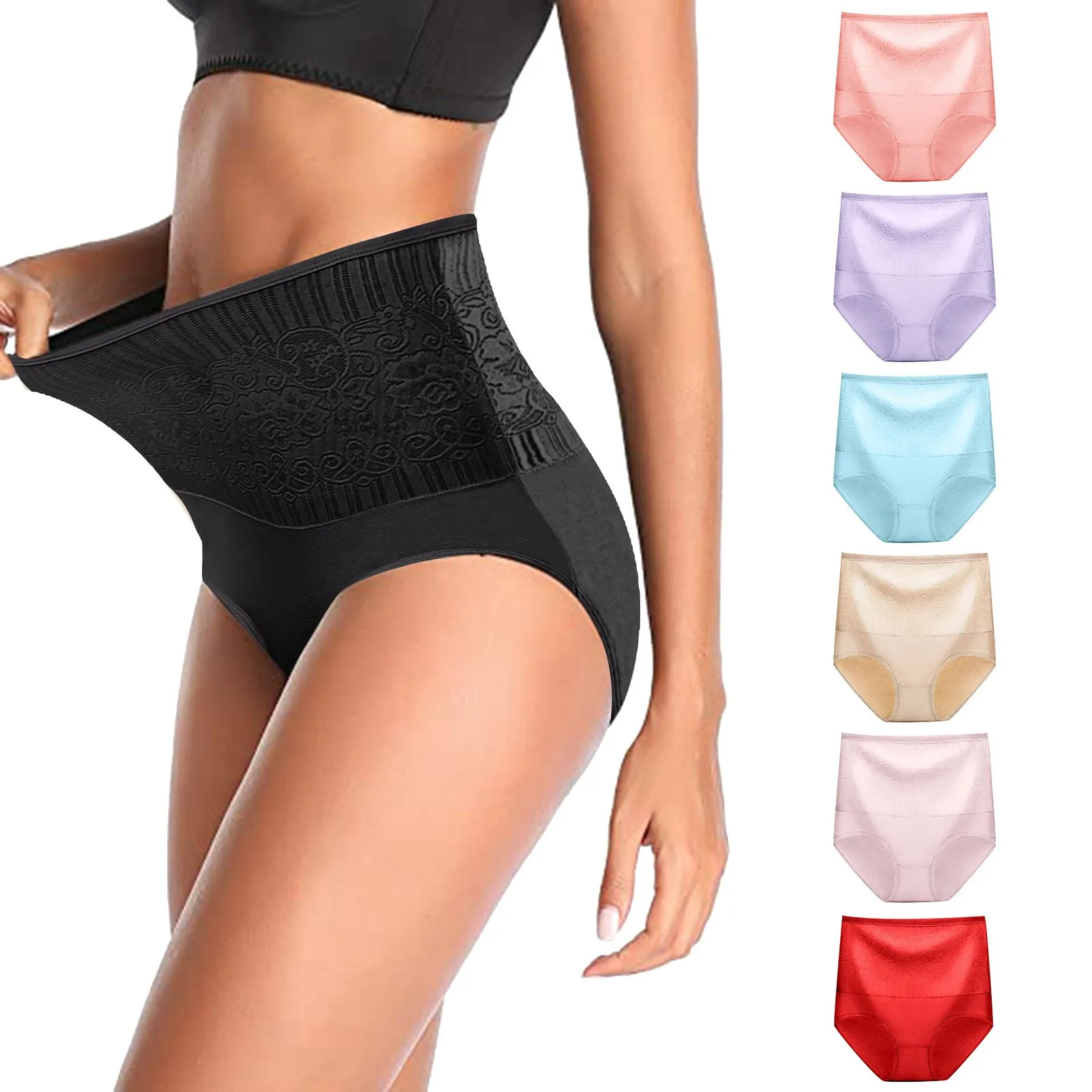 

Women's Underwear Solid High Waist Plus Size Tighten Abdomen Female Panties Sexy Hip Lift Seamless Lace Ladies Lingerie Ice Silk