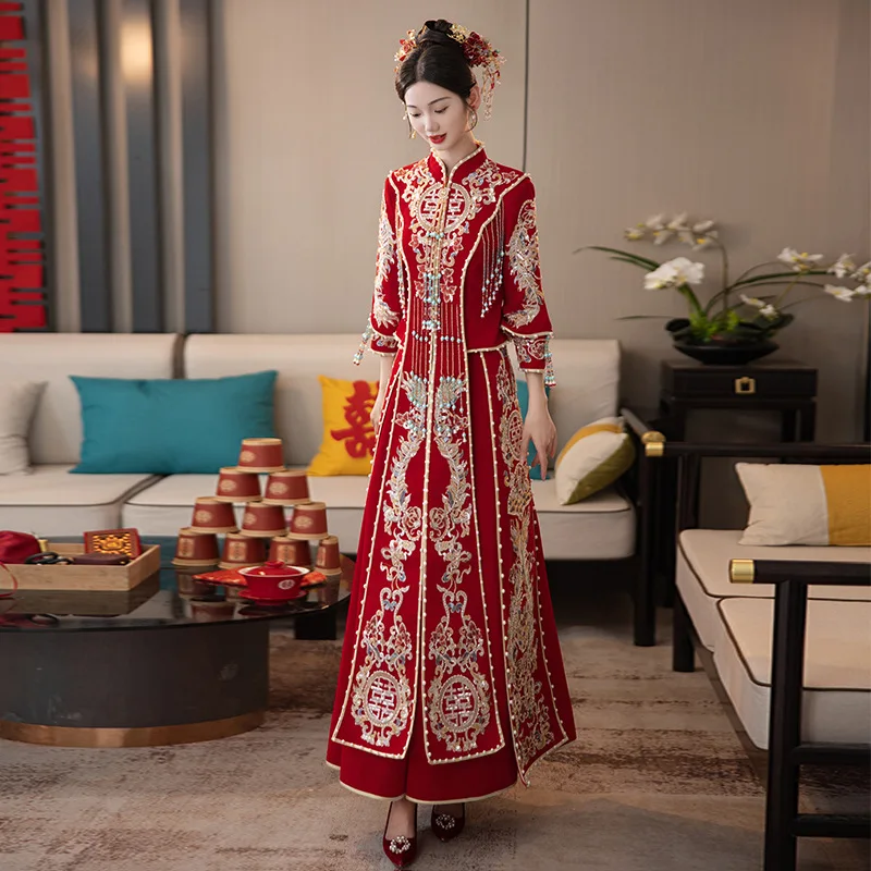 

Spring Xiuhe Dress Red Women's Contrast Noble Wedding Pearl Fringe Toast Bride Chinese Traditional Wedding Dress Tang Suit Hanfu