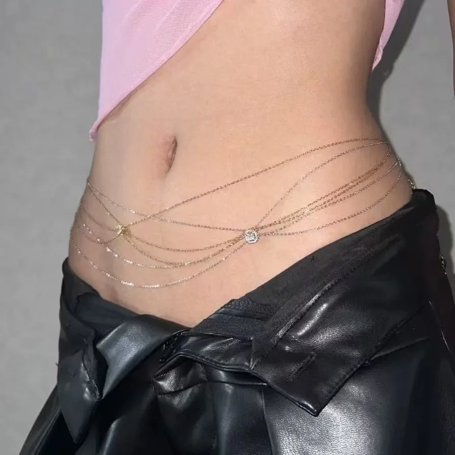 Dainty Multi Tiered Waist Chain Square Crystal Centerpiece Low Rise Belly Accent Jewelry Trendy Summer Festival Outfit Charm