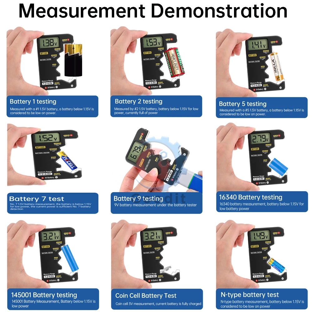 Verificador universal da bateria do agregado familiar com exposição do LCD, ferramentas dos detectores do banco do poder, novo, BT189, 9V, N, D, AA, AAA, 1.5V, 3V