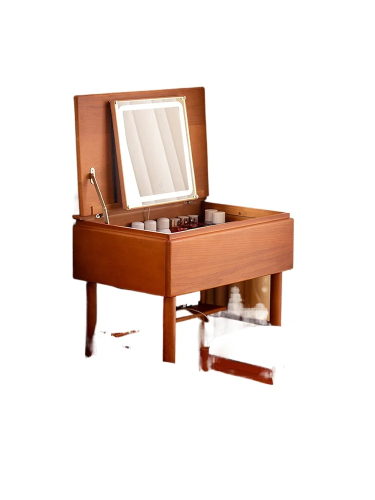 

Makeup table master bedroom bedside all solid wood small apartment 2025 new mirror can hide Japanese 60cm