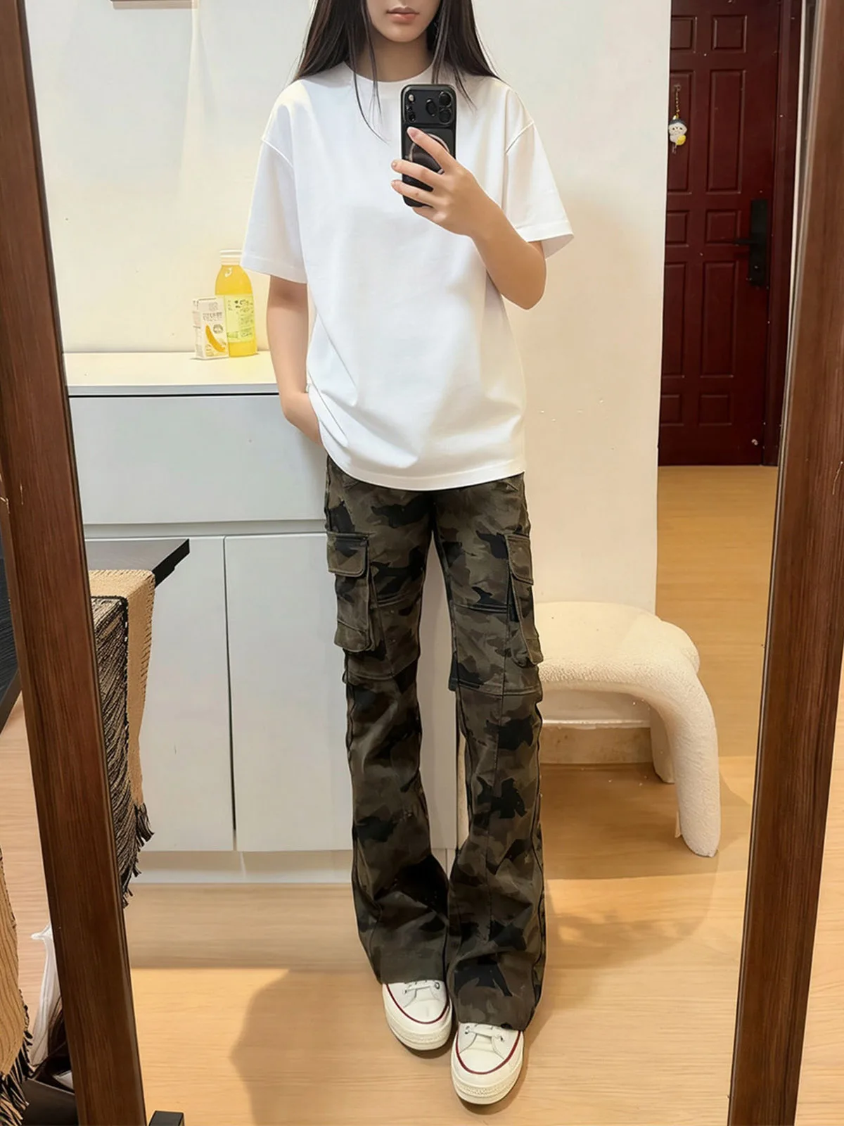Retro Camouflage Workwear Multi-Pocket Jeans Straight Leg Slimming Bell Bottoms for Teens American Style Youth Fashion