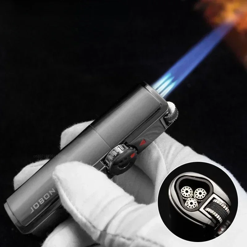 Jobon Torch Lighter Powerful Three Straight Blue Flame Grinding Wheel Windproof Cigar Lighter Turbo Spray Gun Men's Gadgets view 2