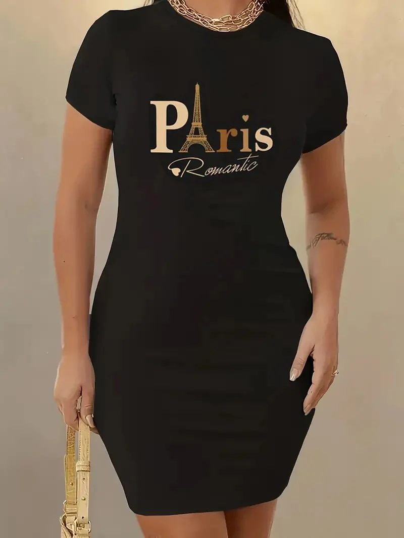 

2024 Gold love Paris printed crewneck dress, women's casual short-sleeved one-piece clothing highlights the figure, women's dre