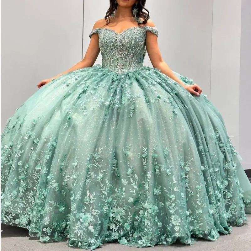 Mint Green Off The Shoulder 3D Quinceanera Dress Ball Gown 3D Flowers Appliques Lace Vestidos De XV Años Customized