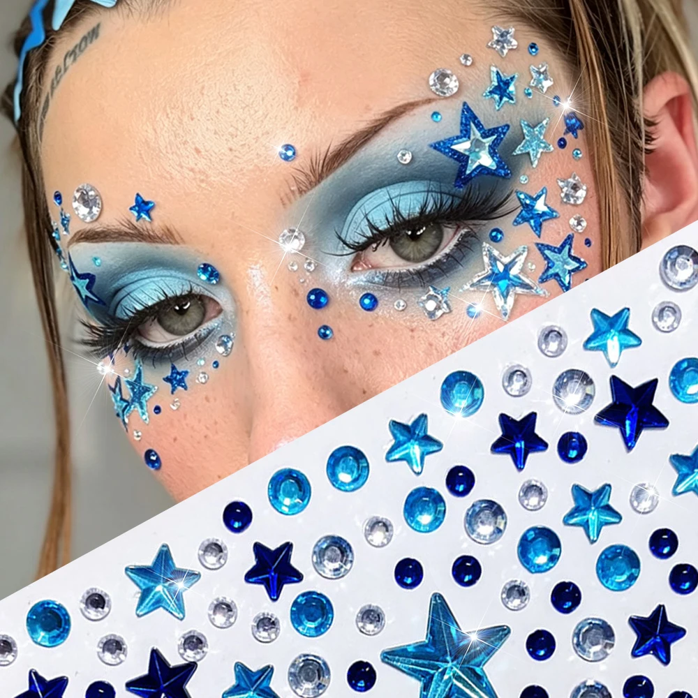 2/1Pcs Blue Star Face Gems Stickers Mixed Star & Round Rhinestone Face Gems Jewels, For Festival Christmas Rave Party Makeup &%*