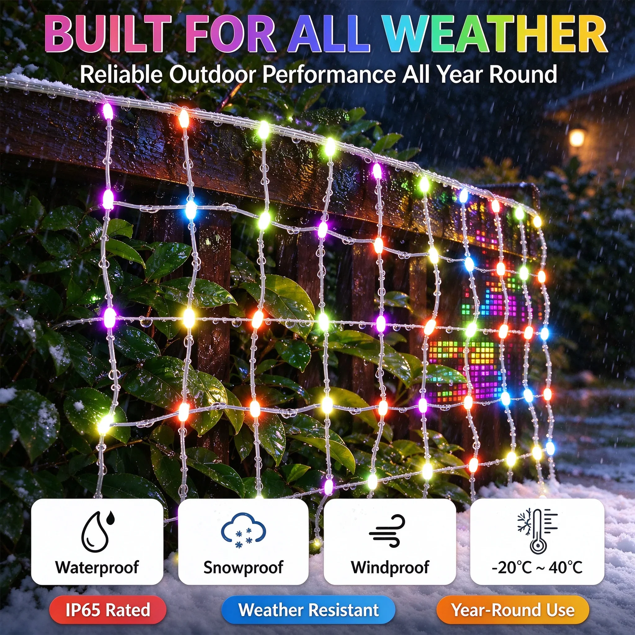 USB Smart Christmas Net Lights 256LED IP65 Waterproof APP Remote Control DIY Pixel Mesh Light Outdoor Garden Fence Decor
