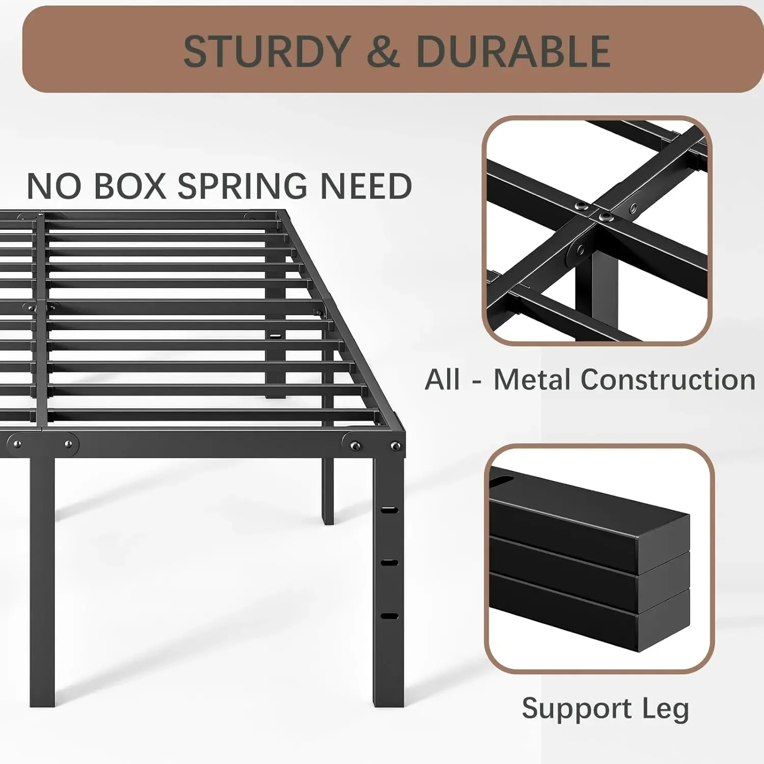 Bed Frame No Box Spring Needed, Heavy Duty Tall Metal Platform with Large Storage Space, Easy Assembly Strong Beari