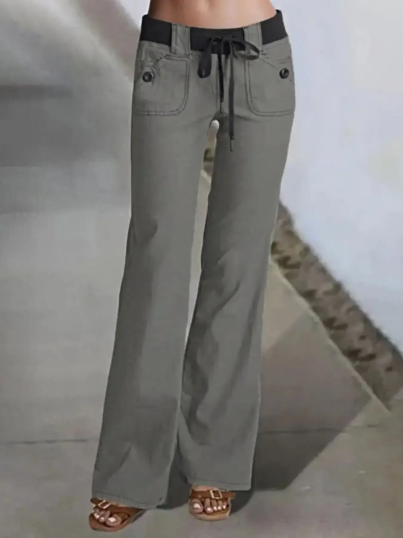 

Low Rise Cargo Wide Leg Pants for Women Drawstring Flap Pockets Bow Tie Casual Flare Pants