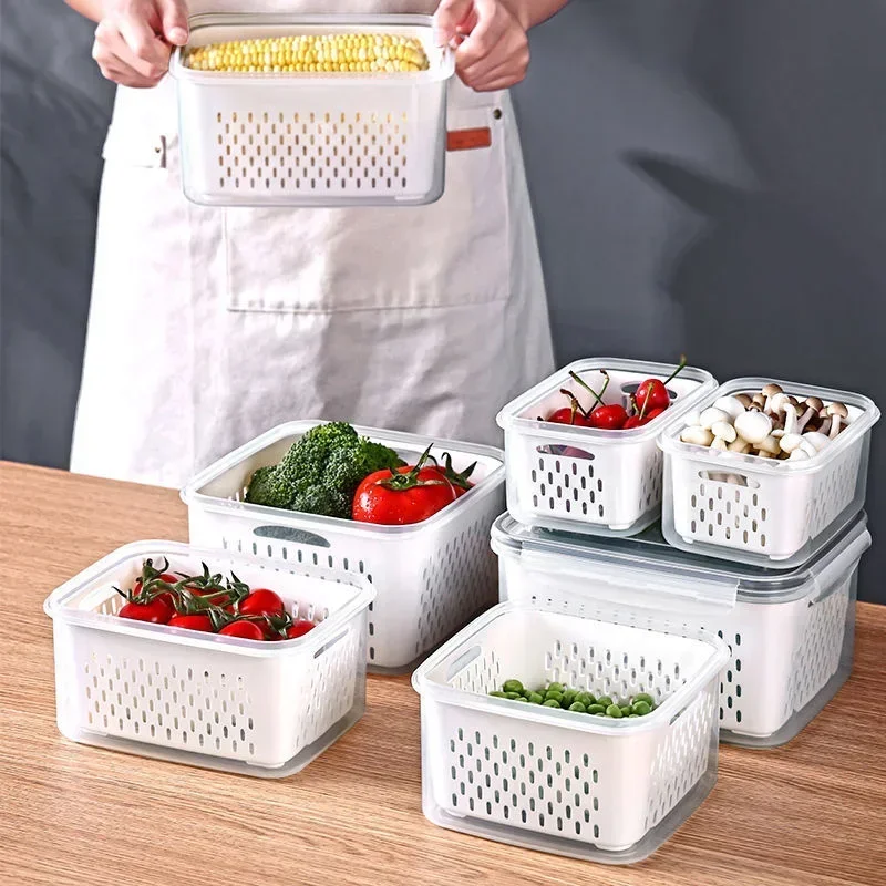 Multipurpose Refrigerator Storage Container with Drain Basket Crisper and Storage Box for Fruits Vegetables