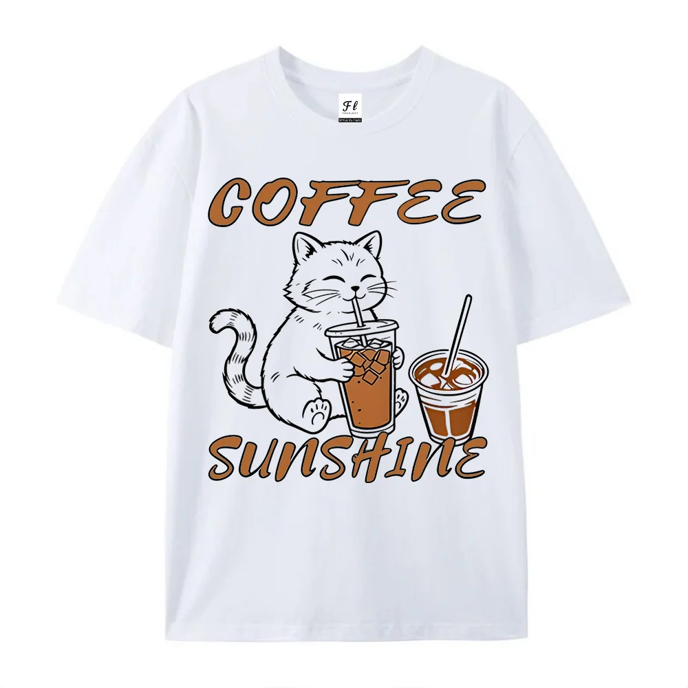 Coffee Sunshine Cat Graphic T‑Shirt Cute Cartoon Kitten Iced Coffee Print Casual Short Sleeve Aesthetic Funny Fashion Streetwear