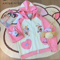 2024 Japanese Cute Heavy Industry Embroidery Color Matching Cartoon Kitten Love Pocket Hooded Fleece Jacket For Women