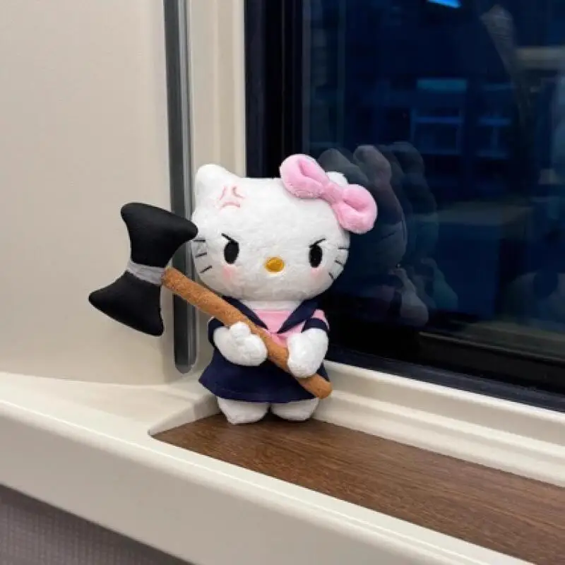 Japanese Sanrio Furious Axe Hello Kitty Plush Doll Cartoon Backpack Pendant Decoration Keychain Ornament Gift for Friends