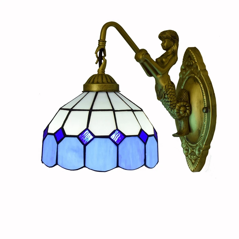 

Mediterranean Blue Mermaid Fancy Stair Wall Light for Home Decoration Wall Lamp Tiffany Colored Glass Bar Aisle Bedside Lamp