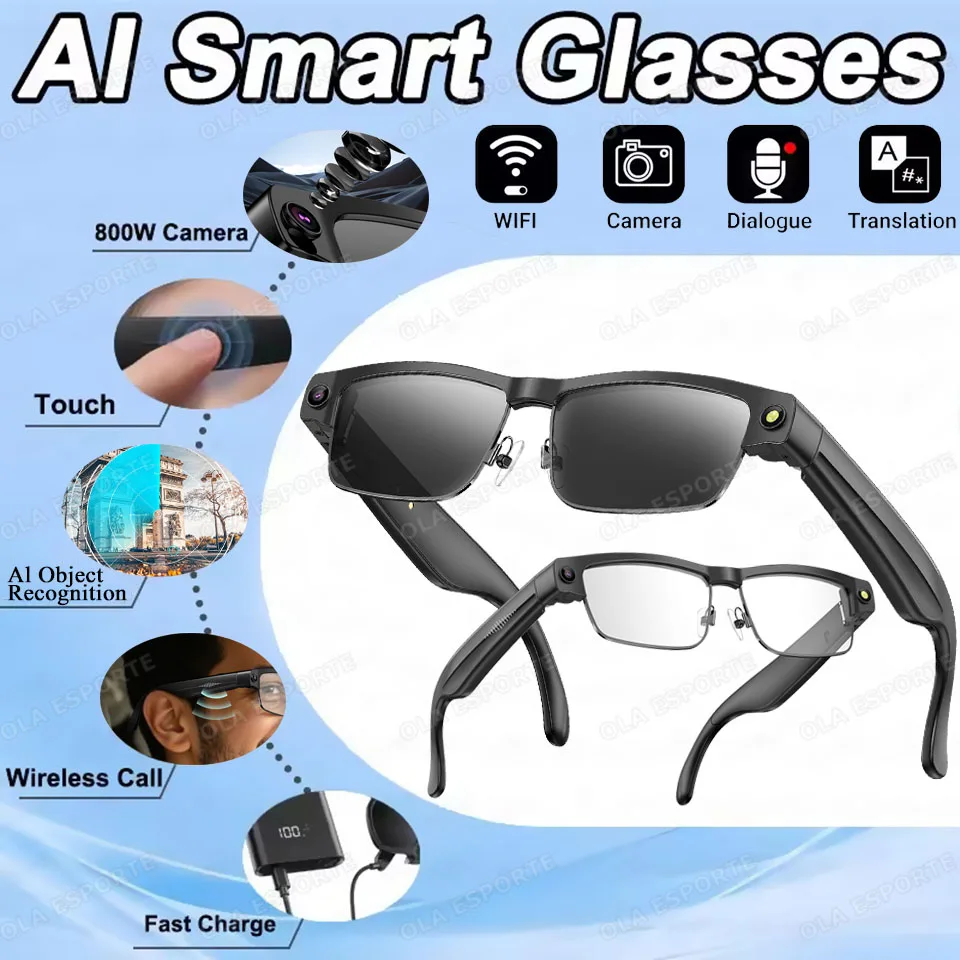 

Новые умные очки для камеры 800 Вт, работающие вызов, Bluetooth-гарнитура, запись, распознавание фотографий, анти-синий свет, УФ-солнцезащитные очки 2025