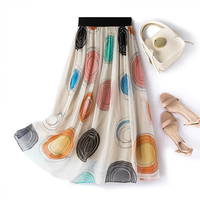 

Colored Polka Dotted Chiffon Long Skirt Summer Elegant Thin A-line Pleated Long Skirts
