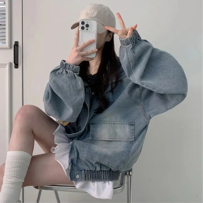 Cityboy Style Loose Fit Zipper Hooded Workwear Jacket Multi Pockets Cotton Denim Women's Spring Long Sleeve Elastic Waistcoat