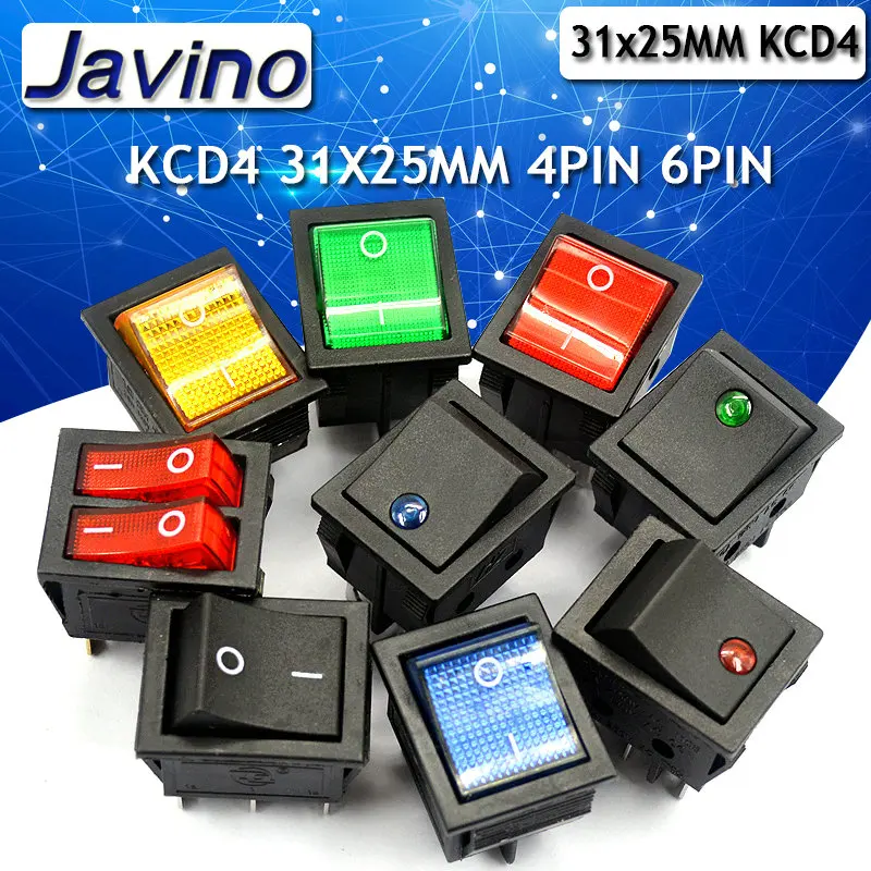 KCD4 Rocker switch ship type switch rocker power button 4/6PIN red light green light 31x25mm16a 250v ON-OFF/ON-OFF-ON