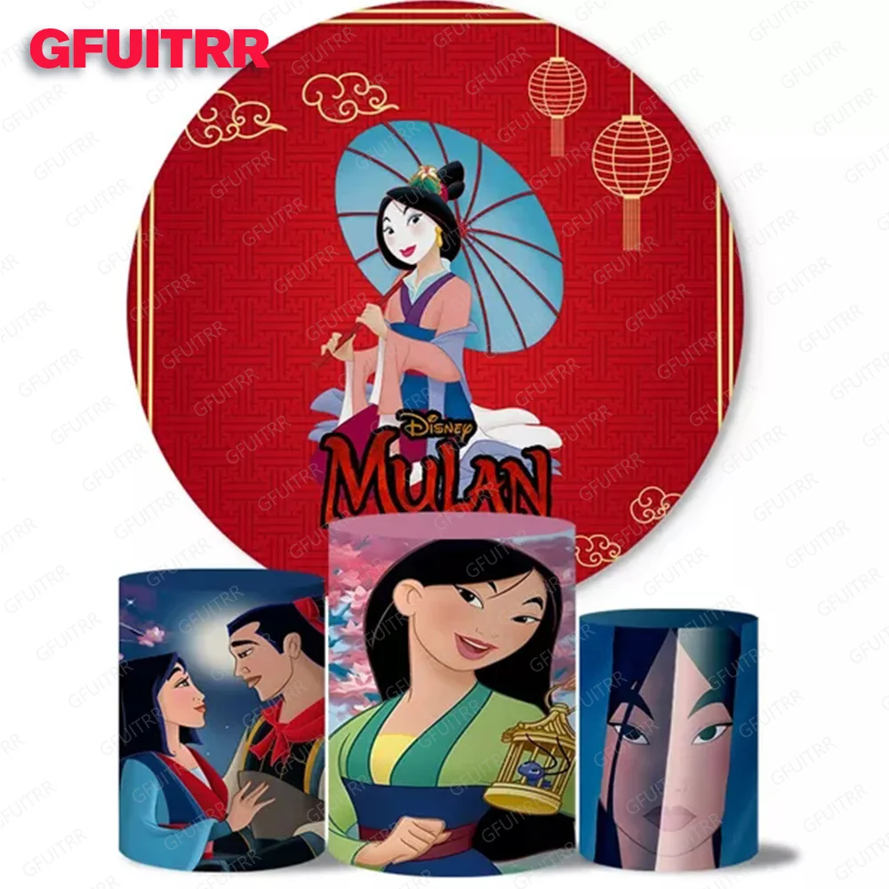 

Disney Mulan Round Backdrop Girl Birthday Decoration Party Red Photography Background Cylinder Cover Baby Shower Prop