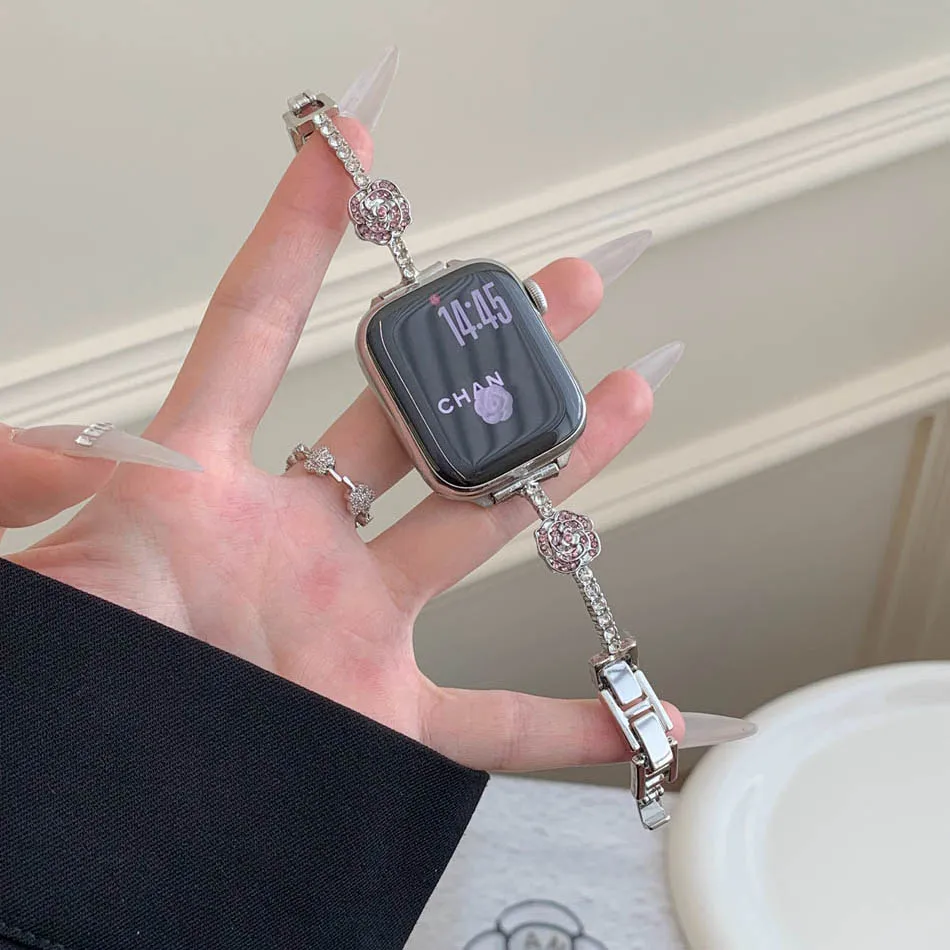 سوار كاميليا زركون فاخر لساعة أبل سلسلة 10 9 8 7 6 SE 5 4 3 2 1 ألترا iwatch 46 مم 38 مم 40 مم 41 مم 42 مم 44 مم 45 مم 49 مم سوار معدني أنيق للنساء