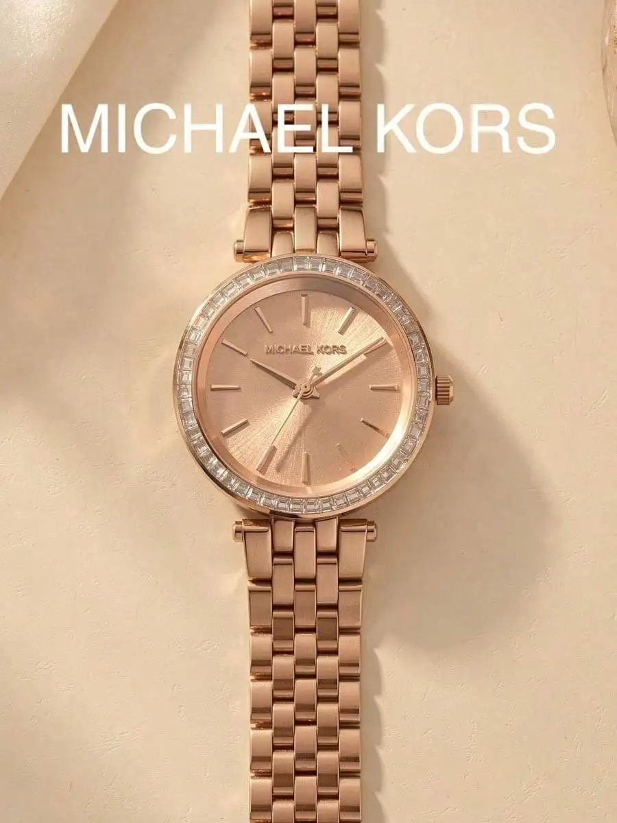 MICHAEL KORS Women's Watch Rose Gold Tone Navy Blue Leather Strap Crystal Bezel White Dial Minimalist Quartz Elegant Wristwatch