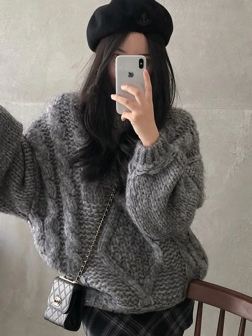 

Chic Autumn Winter Vintage Lazy Sle round Ne Knitted Loose Casual Versatile Long Sve Sweater for Women Commute Sle